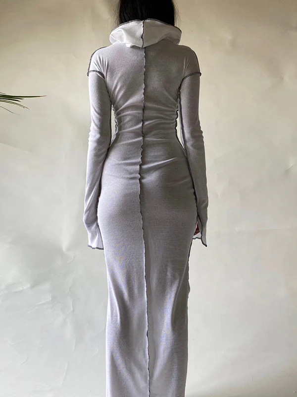 Long Sleeves Plus Size Solid Color Split-Joint Hooded Maxi Dresses - Image 5
