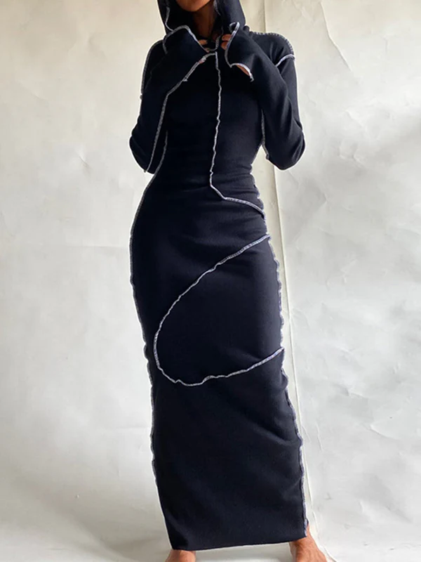 Long Sleeves Plus Size Solid Color Split-Joint Hooded Maxi Dresses - Image 6
