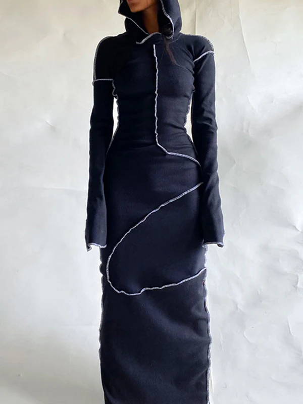 Long Sleeves Plus Size Solid Color Split-Joint Hooded Maxi Dresses - Image 7