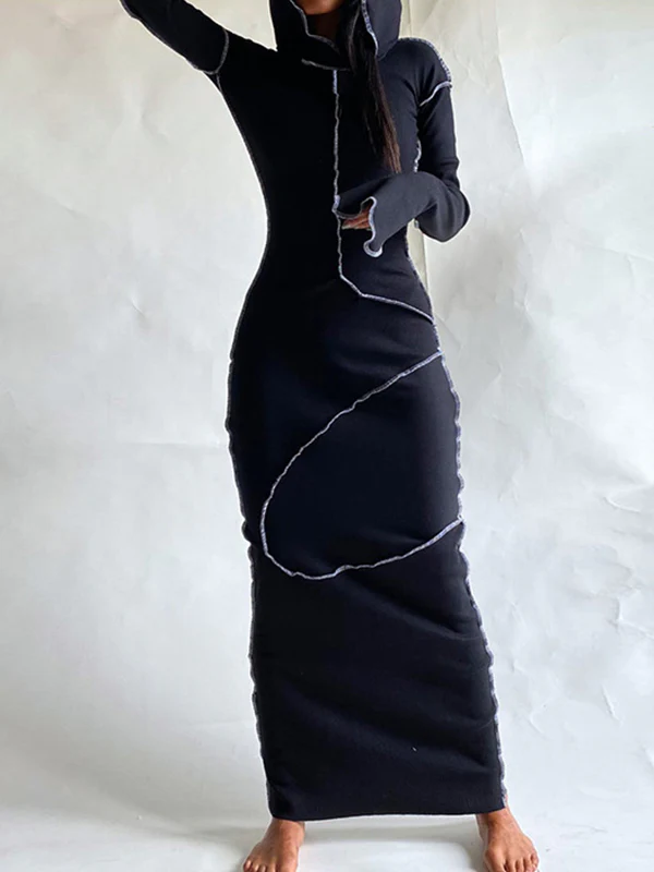 Long Sleeves Plus Size Solid Color Split-Joint Hooded Maxi Dresses - Image 8