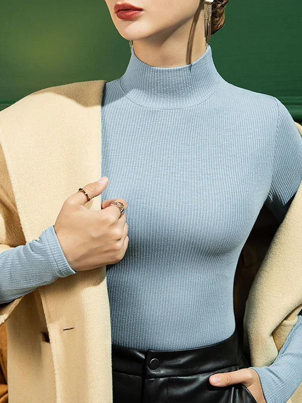 Long Sleeves Plus Size Solid Color Split-Joint Mock Neck T-Shirts Tops - Image 8
