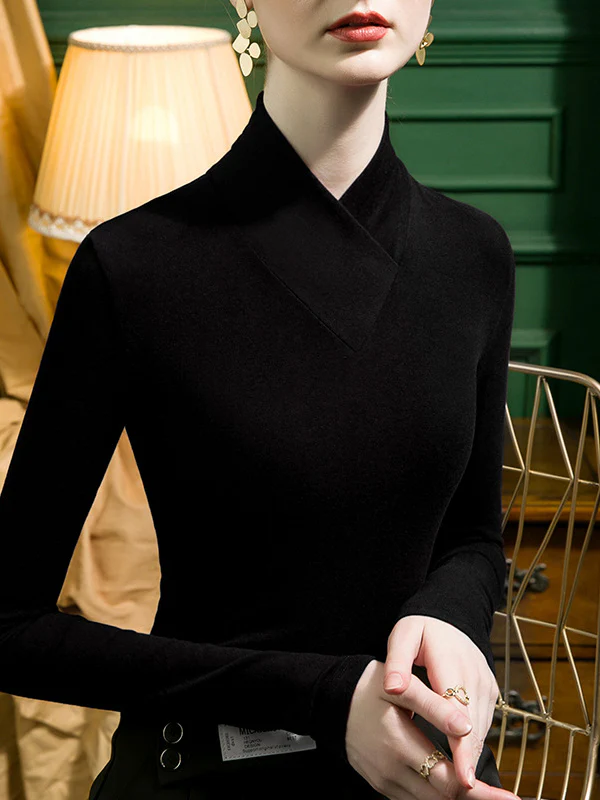 Long Sleeves Plus Size Solid Color Split-Joint V-Neck T-Shirts - Image 11