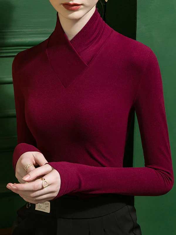 Long Sleeves Plus Size Solid Color Split-Joint V-Neck T-Shirts - Image 6