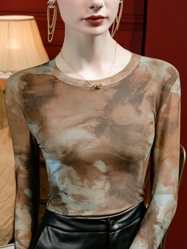Long Sleeves Plus Size Split-Joint Tie-Dyed Round-Neck T-Shirts Tops - Image 4