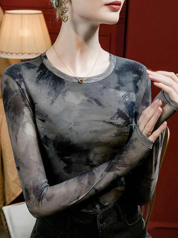 Long Sleeves Plus Size Split-Joint Tie-Dyed Round-Neck T-Shirts Tops - Image 5