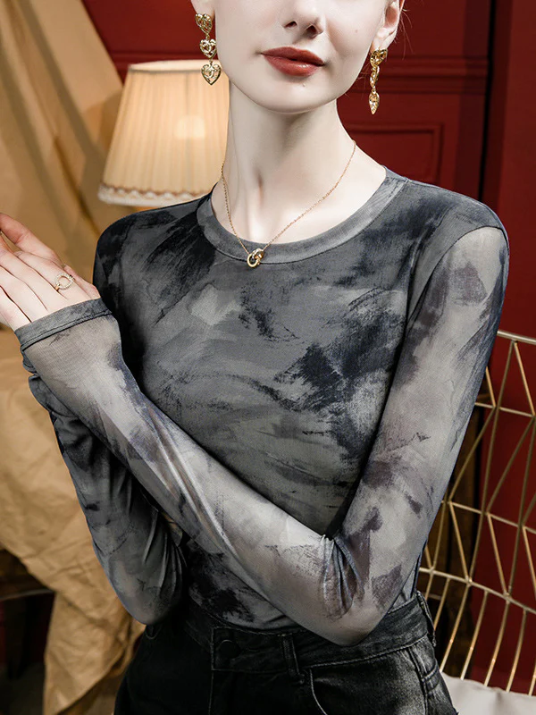Long Sleeves Plus Size Split-Joint Tie-Dyed Round-Neck T-Shirts Tops - Image 6