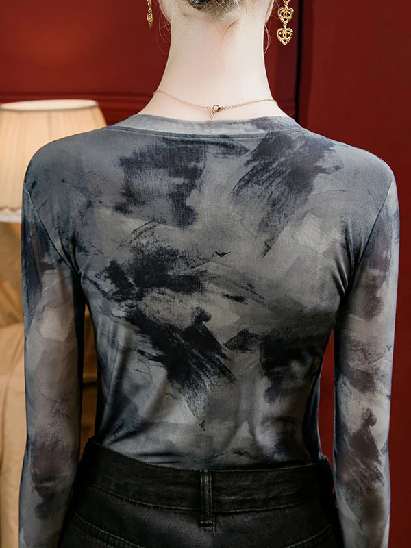 Long Sleeves Plus Size Split-Joint Tie-Dyed Round-Neck T-Shirts Tops - Image 7