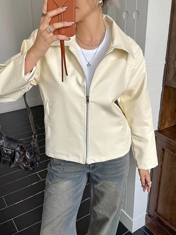 Long Sleeves Pockets Solid Color Zipper Lapel Jackets Overcoat - Image 10