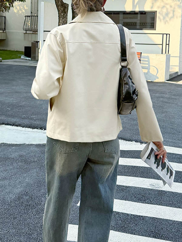 Long Sleeves Pockets Solid Color Zipper Lapel Jackets Overcoat - Image 11