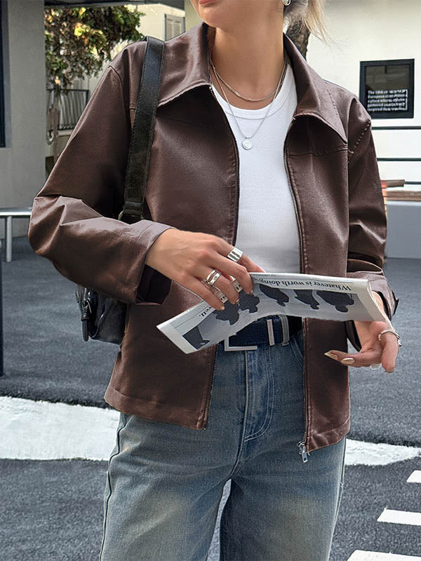 Long Sleeves Pockets Solid Color Zipper Lapel Jackets Overcoat - Image 2
