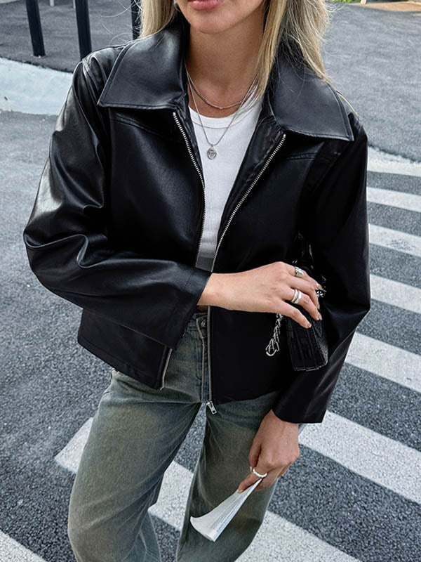 Long Sleeves Pockets Solid Color Zipper Lapel Jackets Overcoat - Image 4
