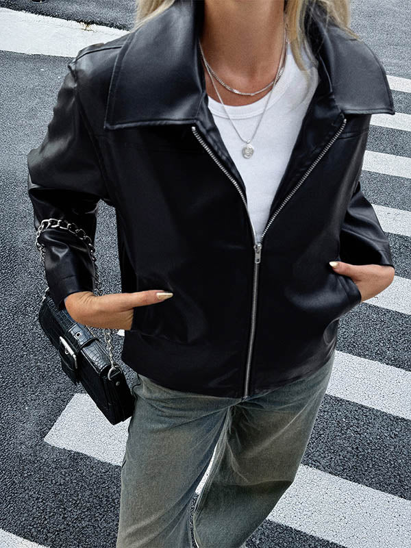 Long Sleeves Pockets Solid Color Zipper Lapel Jackets Overcoat - Image 5