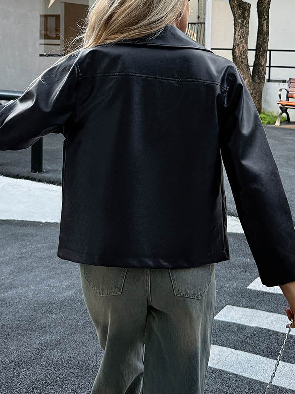 Long Sleeves Pockets Solid Color Zipper Lapel Jackets Overcoat - Image 6