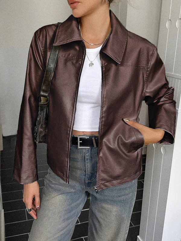 Long Sleeves Pockets Solid Color Zipper Lapel Jackets Overcoat - Image 8