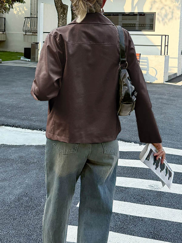 Long Sleeves Pockets Solid Color Zipper Lapel Jackets Overcoat - Image 9