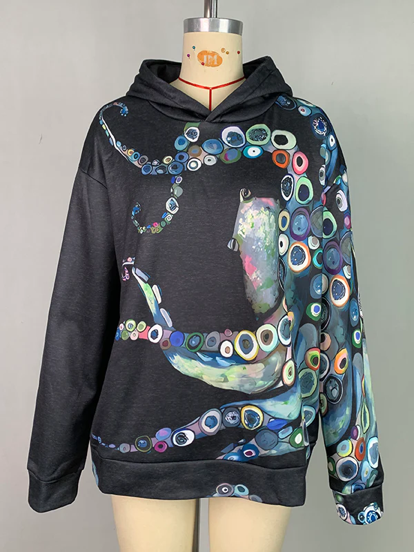Long Sleeves Printed Hooded Hoodies Tops - Image 13