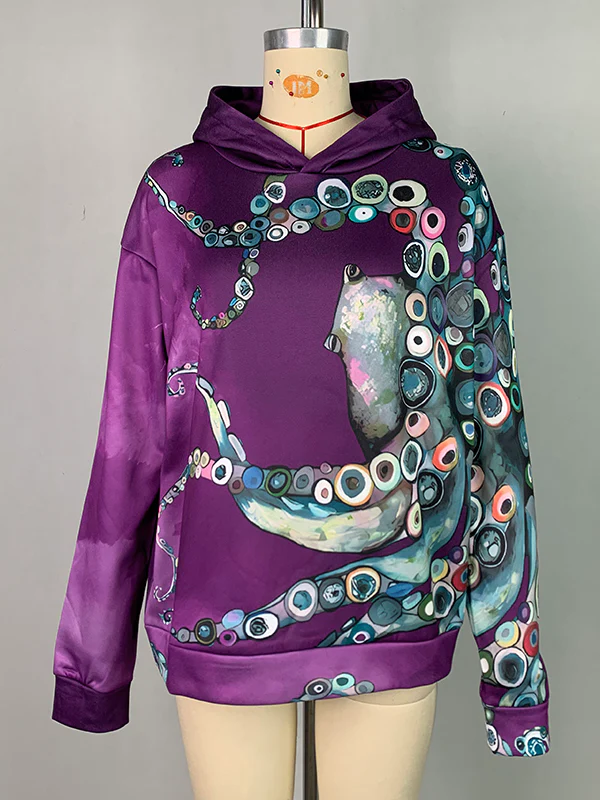 Long Sleeves Printed Hooded Hoodies Tops - Image 4