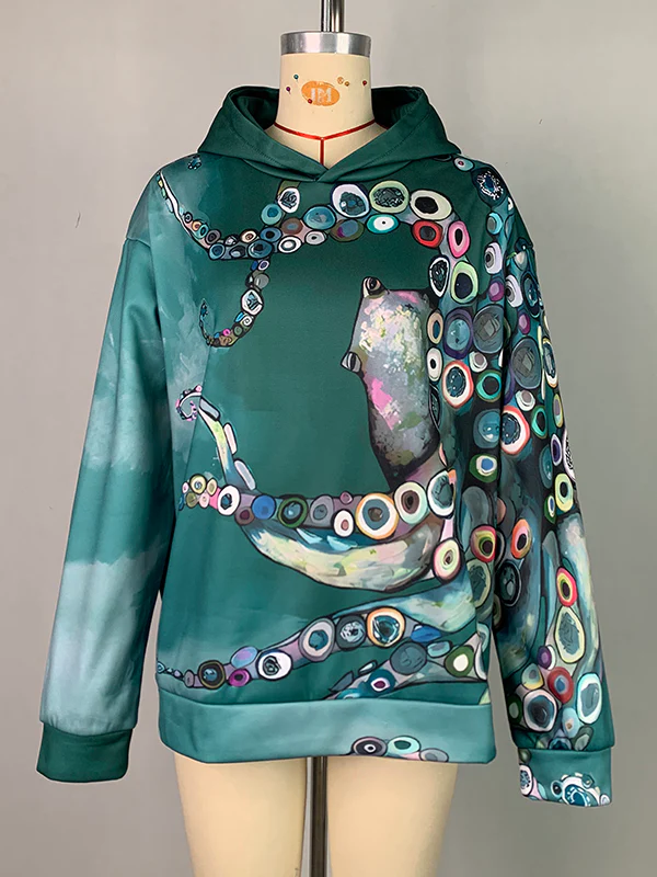 Long Sleeves Printed Hooded Hoodies Tops - Image 7