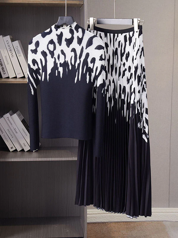 Long Sleeves Printed Mock Neck T-Shirt Top + Pleated A-Line Skirts Bottom Two Pieces Set - Image 10