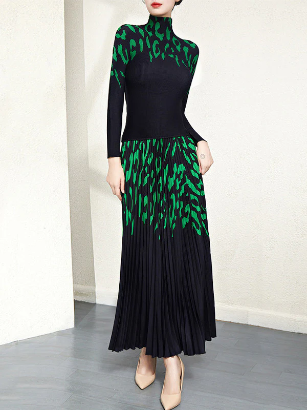 Long Sleeves Printed Mock Neck T-Shirt Top + Pleated A-Line Skirts Bottom Two Pieces Set - Image 3