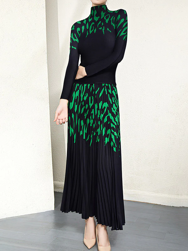 Long Sleeves Printed Mock Neck T-Shirt Top + Pleated A-Line Skirts Bottom Two Pieces Set - Image 4
