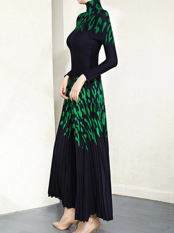 Long Sleeves Printed Mock Neck T-Shirt Top + Pleated A-Line Skirts Bottom Two Pieces Set - Image 5