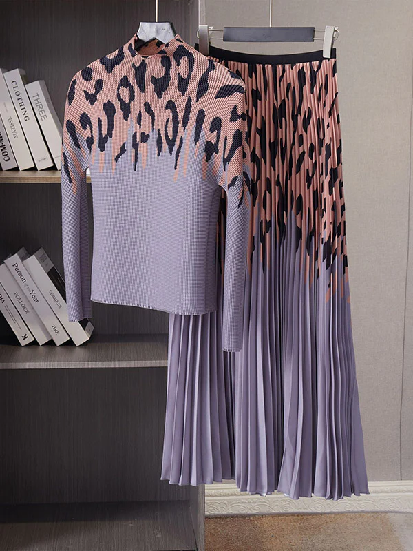Long Sleeves Printed Mock Neck T-Shirt Top + Pleated A-Line Skirts Bottom Two Pieces Set - Image 9