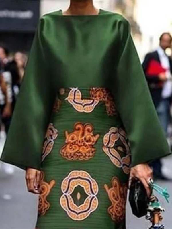 Long Sleeves Printed Round-Neck Midi Dresses - Image 2