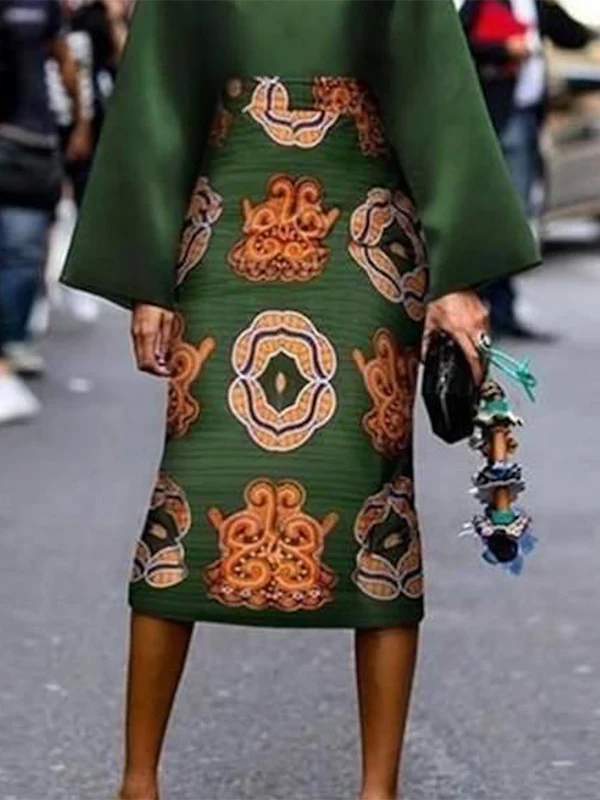 Long Sleeves Printed Round-Neck Midi Dresses - Image 3