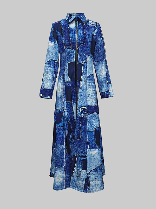 Long Sleeves Printed Zipper Lapel Maxi Dresses Shirt Dress - Image 2