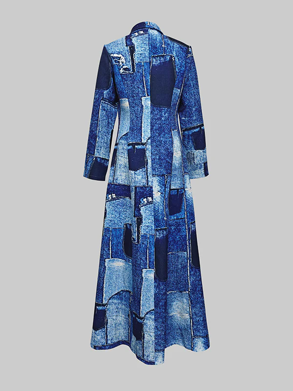 Long Sleeves Printed Zipper Lapel Maxi Dresses Shirt Dress - Image 3