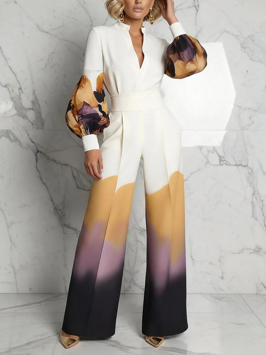 Long Sleeves Puff Sleeves Abstract Printed Contrast Color Split-Joint Stand Collar Blouses&Shirts Tops - Image 4