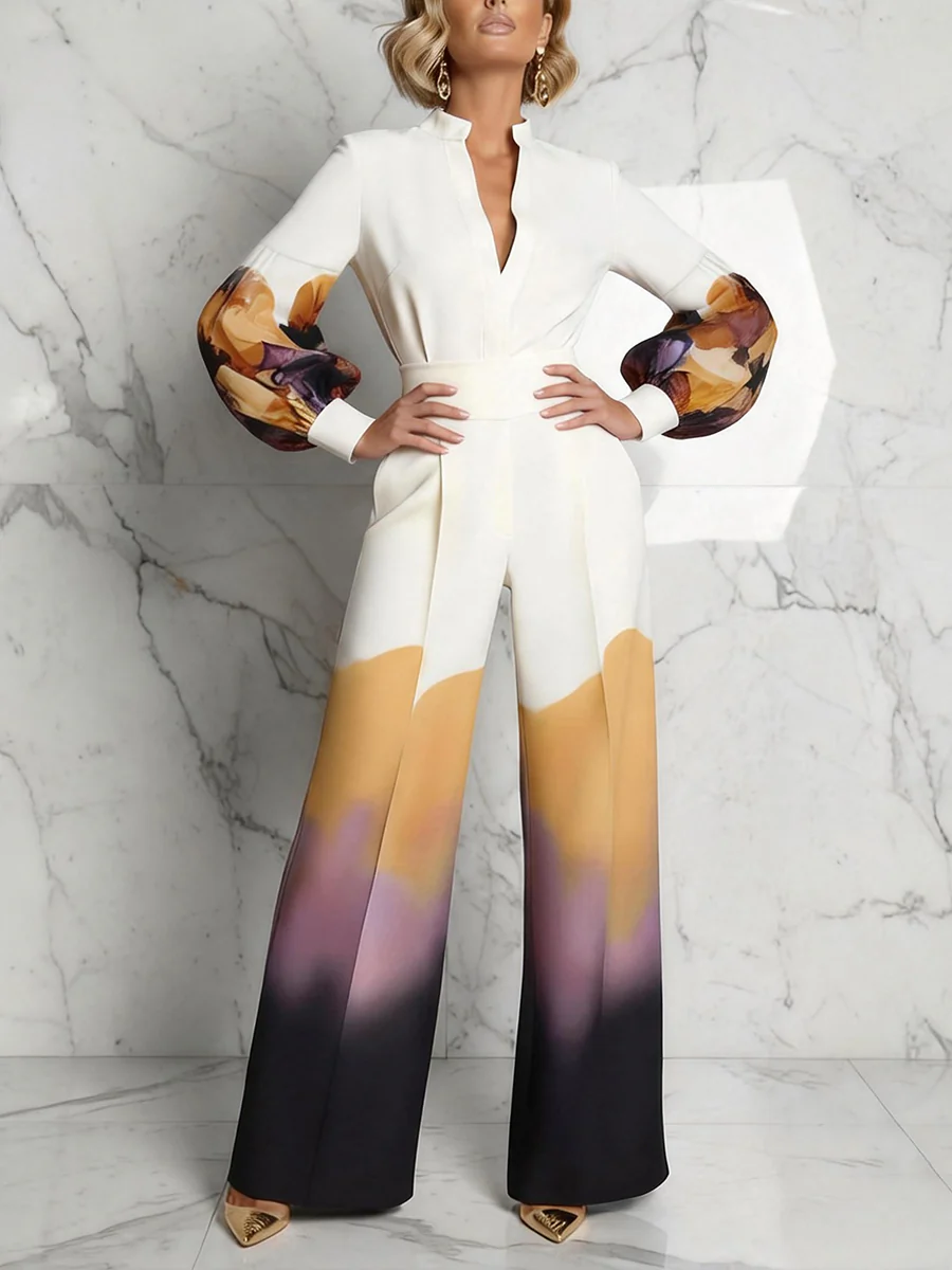 Long Sleeves Puff Sleeves Abstract Printed Contrast Color Split-Joint Stand Collar Blouses&Shirts Tops - Image 5