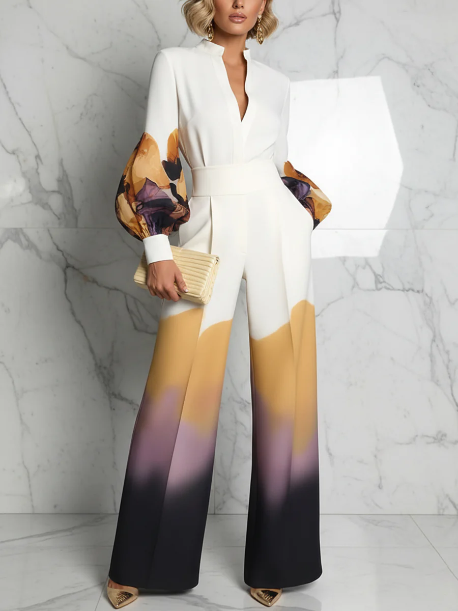 Long Sleeves Puff Sleeves Abstract Printed Contrast Color Split-Joint Stand Collar Blouses&Shirts Tops - Image 6