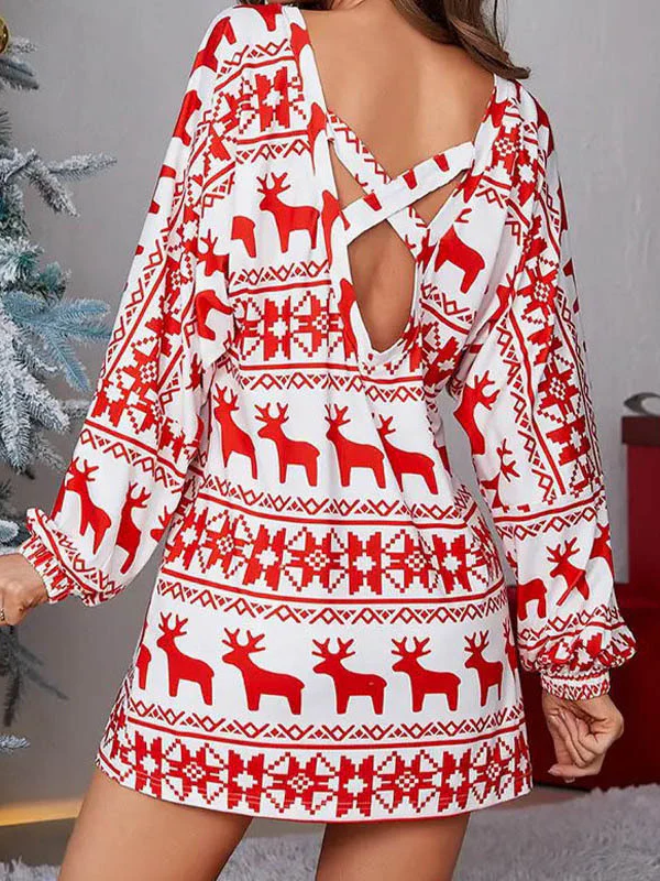 Long Sleeves Puff Sleeves Animal Printed Contrast Color Flower Print One-Shoulder Mini Dresses - Image 3