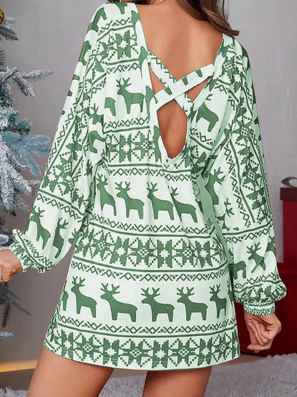 Long Sleeves Puff Sleeves Animal Printed Contrast Color Flower Print One-Shoulder Mini Dresses - Image 6