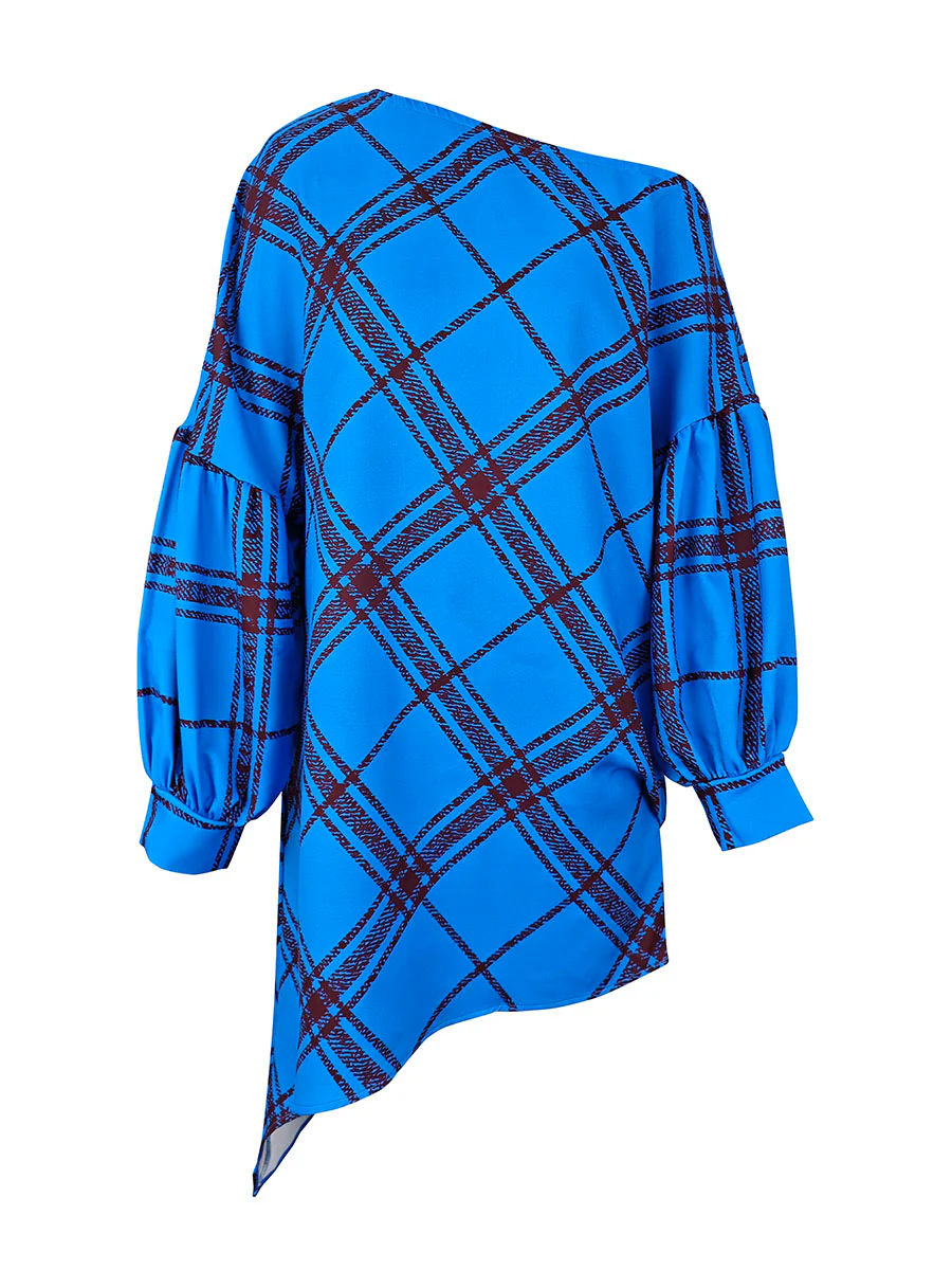 Long Sleeves Puff Sleeves Asymmetric Contrast Color Plaid Pleated One-Shoulder Mini Dresses - Image 4