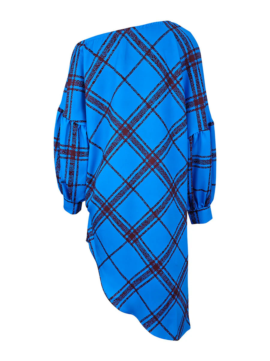 Long Sleeves Puff Sleeves Asymmetric Contrast Color Plaid Pleated One-Shoulder Mini Dresses - Image 5