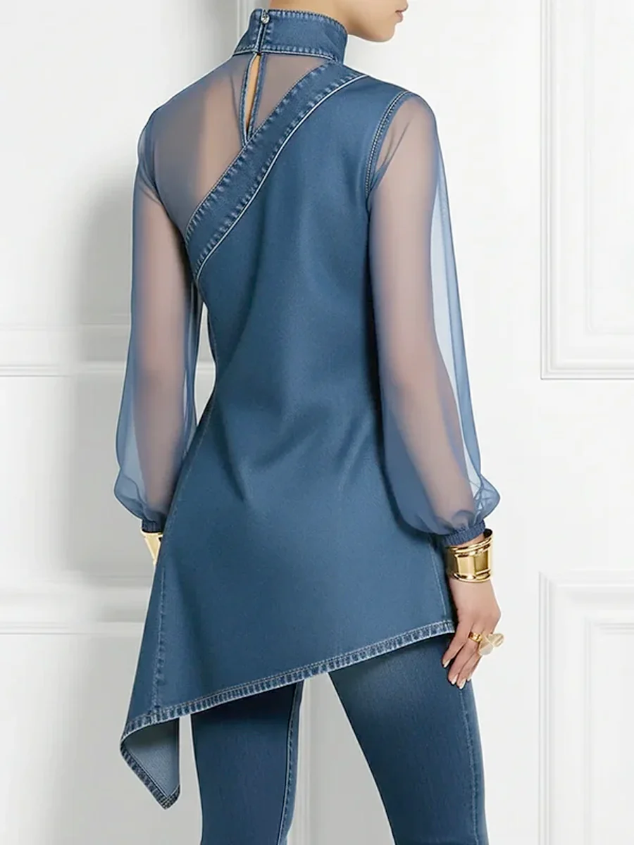 Long Sleeves Puff Sleeves Asymmetric Mesh Split-Joint Mock Neck Blouses&Shirts Tops - Image 10