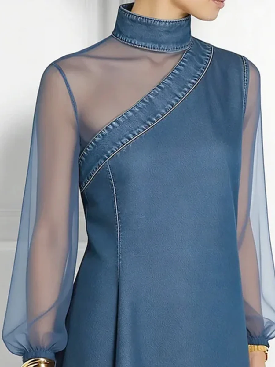 Long Sleeves Puff Sleeves Asymmetric Mesh Split-Joint Mock Neck Blouses&Shirts Tops - Image 11