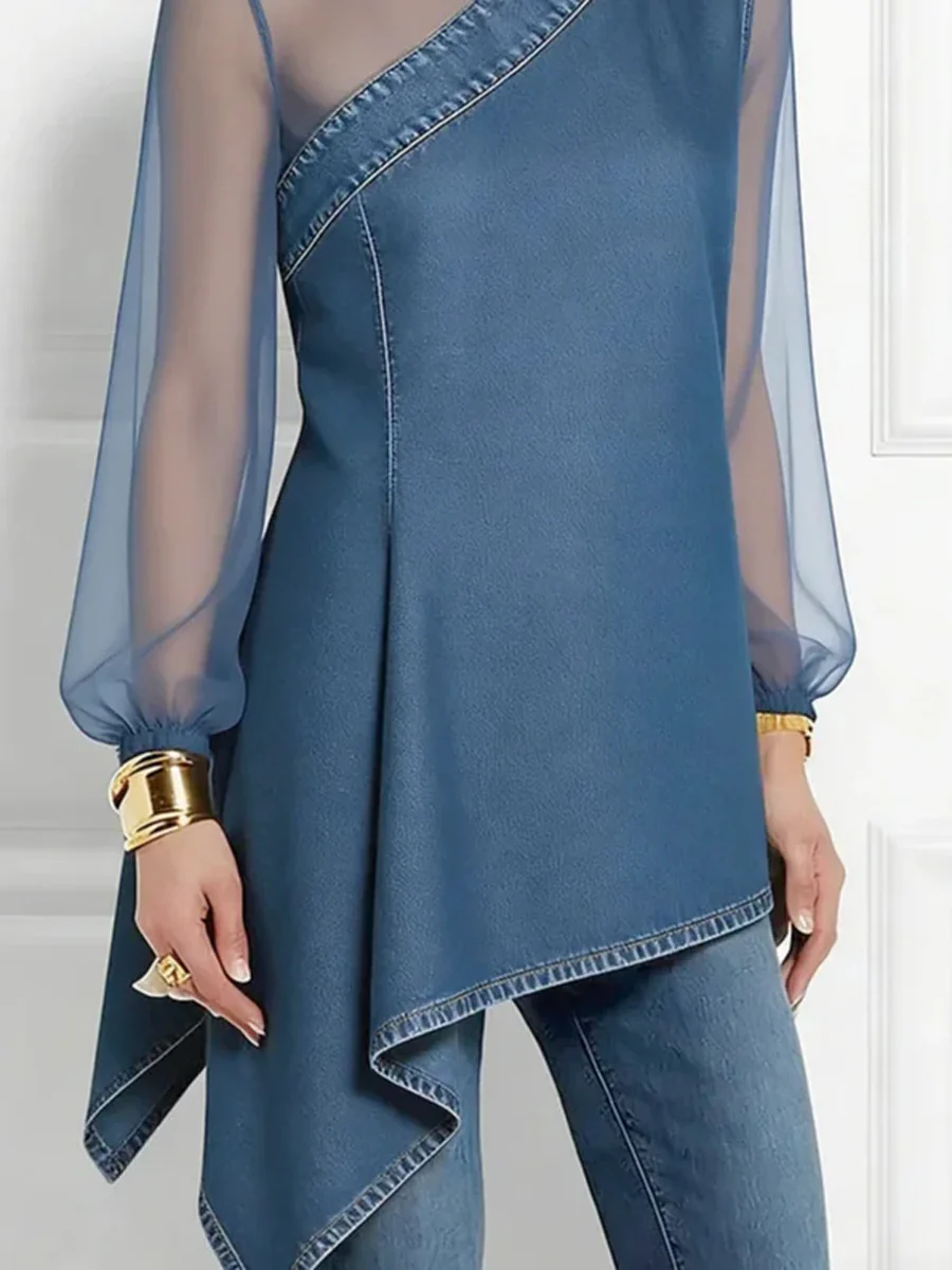 Long Sleeves Puff Sleeves Asymmetric Mesh Split-Joint Mock Neck Blouses&Shirts Tops - Image 12