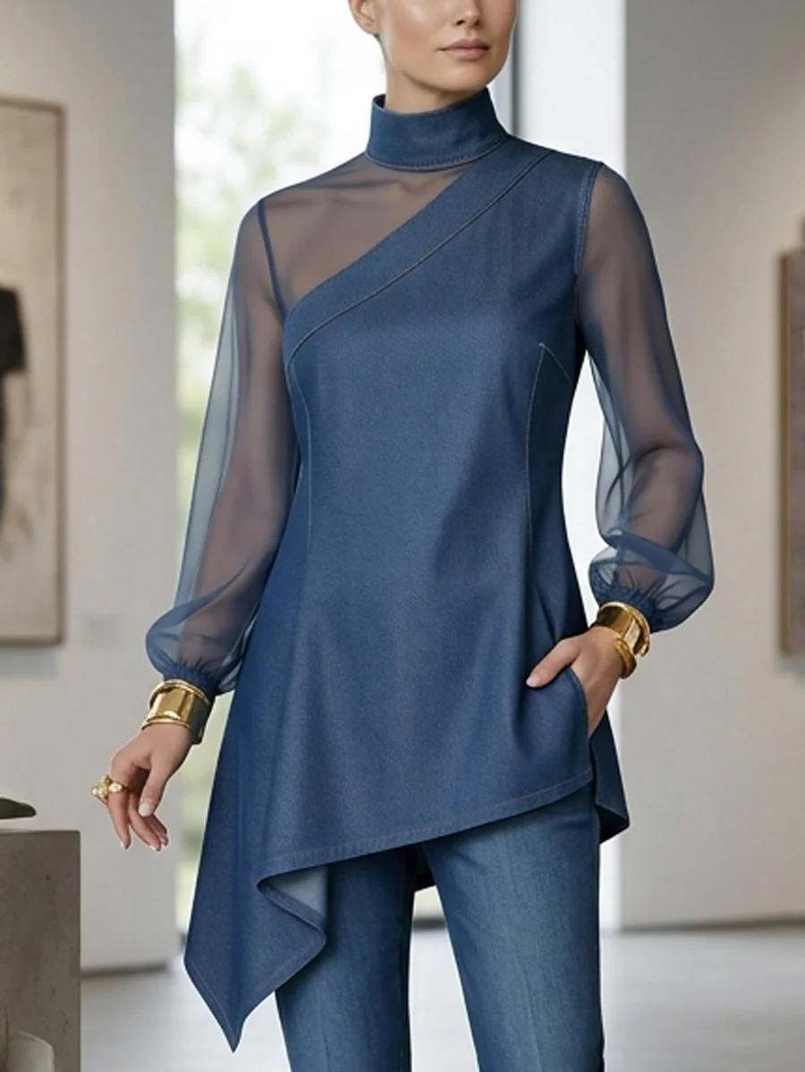 Long Sleeves Puff Sleeves Asymmetric Mesh Split-Joint Mock Neck Blouses&Shirts Tops - Image 3