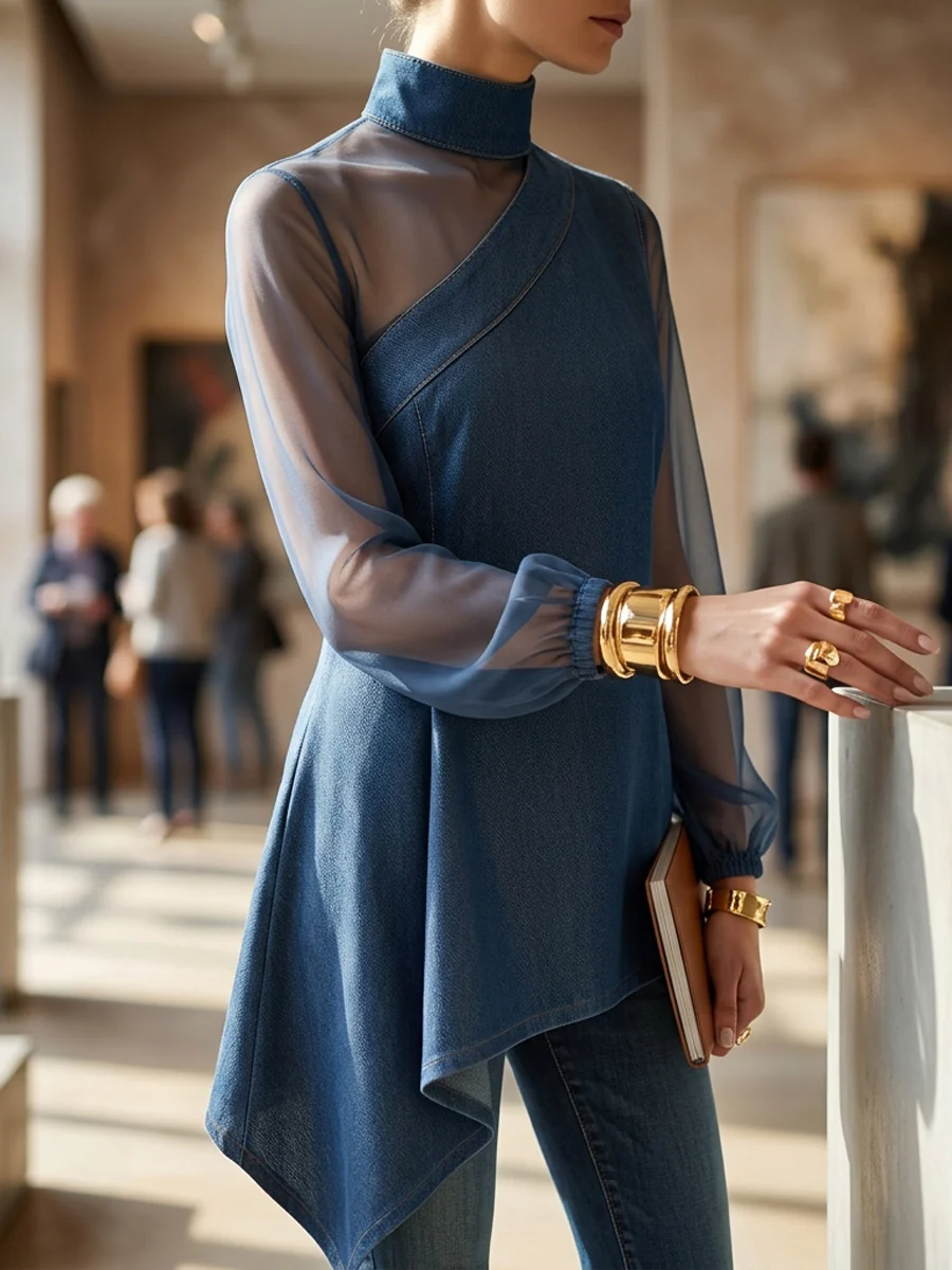Long Sleeves Puff Sleeves Asymmetric Mesh Split-Joint Mock Neck Blouses&Shirts Tops - Image 4