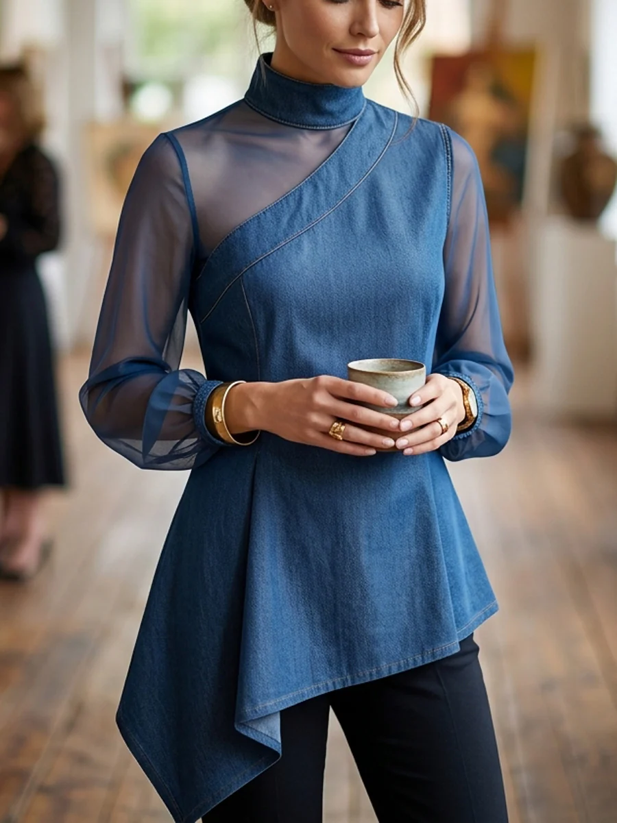 Long Sleeves Puff Sleeves Asymmetric Mesh Split-Joint Mock Neck Blouses&Shirts Tops - Image 5
