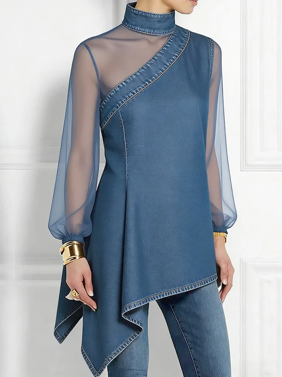 Long Sleeves Puff Sleeves Asymmetric Mesh Split-Joint Mock Neck Blouses&Shirts Tops - Image 6