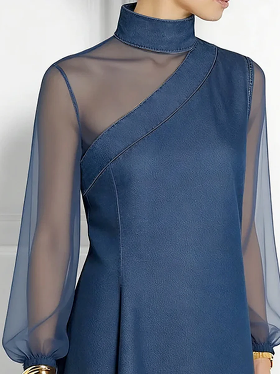Long Sleeves Puff Sleeves Asymmetric Mesh Split-Joint Mock Neck Blouses&Shirts Tops - Image 7