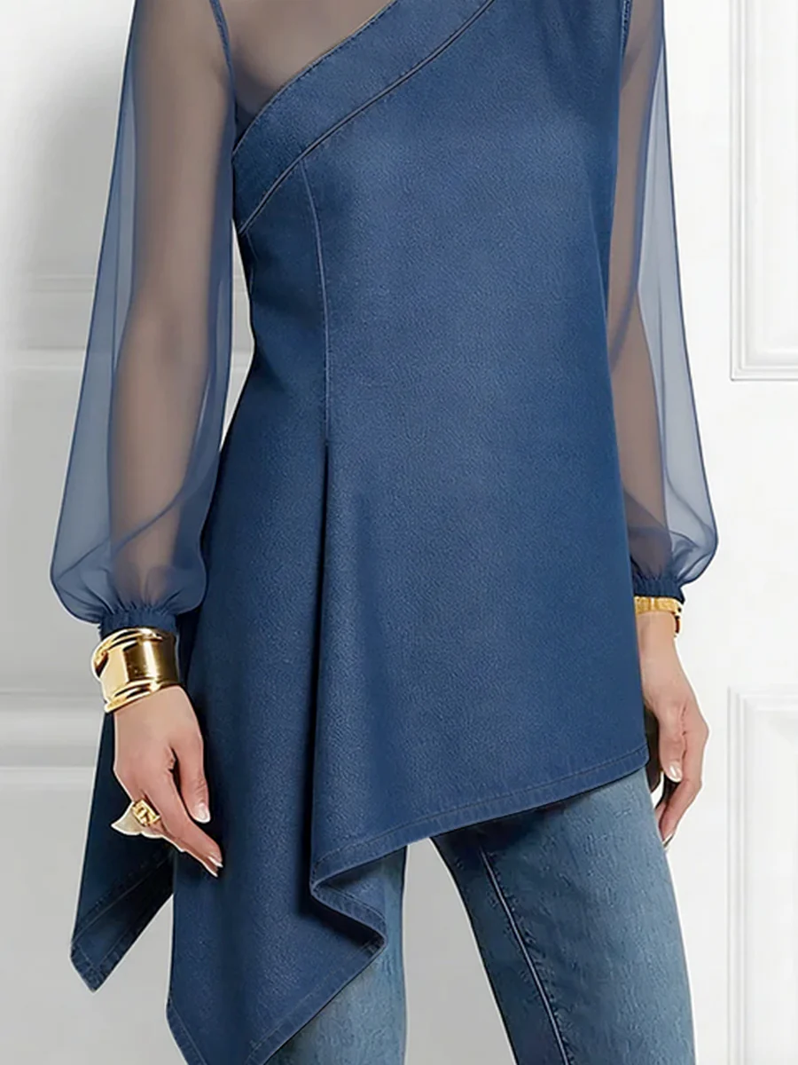 Long Sleeves Puff Sleeves Asymmetric Mesh Split-Joint Mock Neck Blouses&Shirts Tops - Image 8