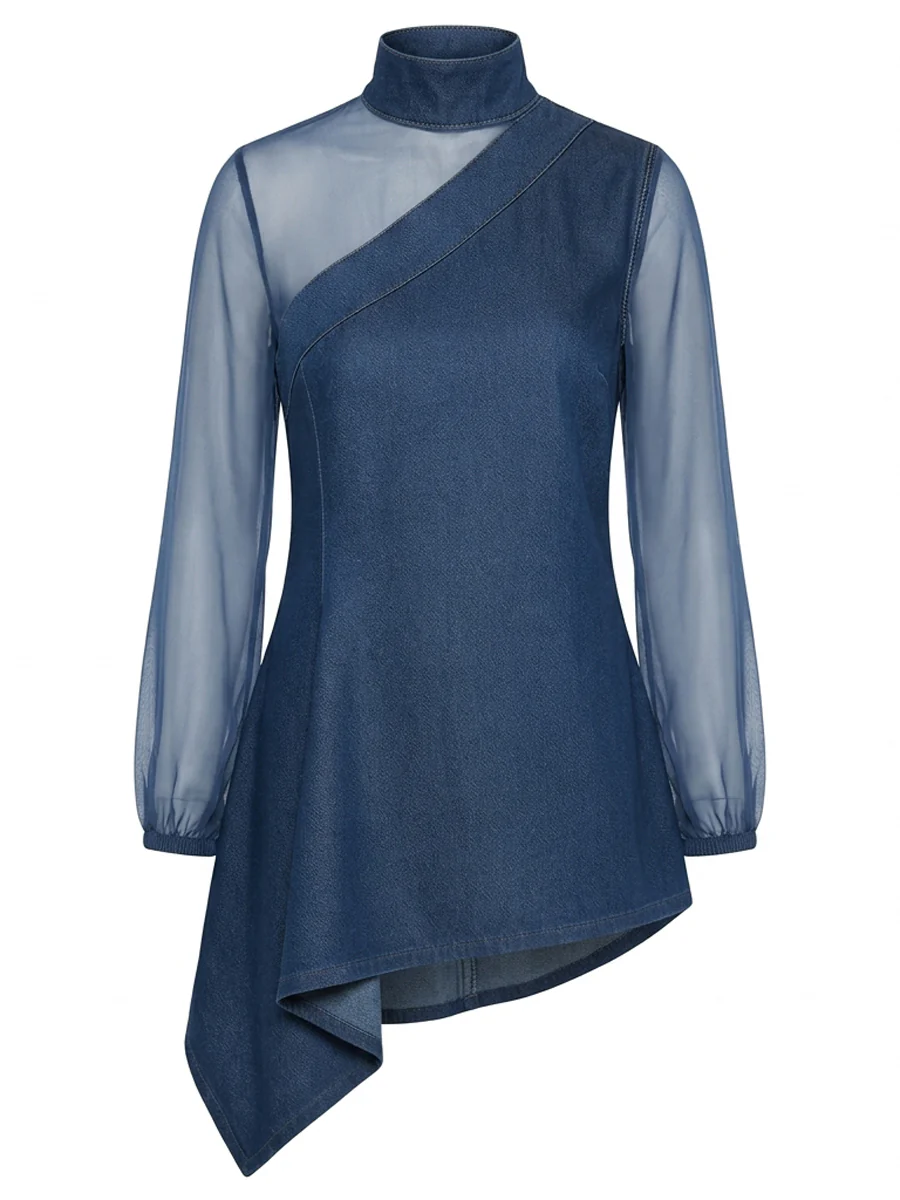Long Sleeves Puff Sleeves Asymmetric Mesh Split-Joint Mock Neck Blouses&Shirts Tops - Image 9