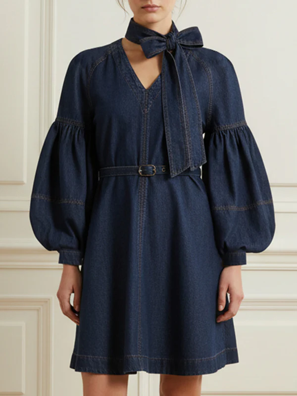Long Sleeves Puff Sleeves Belted Bow-Embellished Solid Color V-Neck Mini Dresses - Image 2