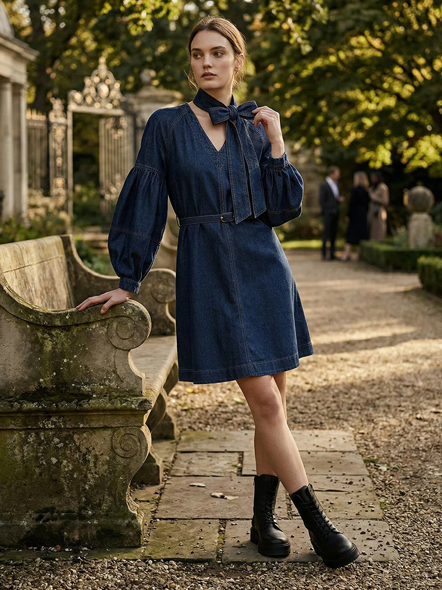 Long Sleeves Puff Sleeves Belted Bow-Embellished Solid Color V-Neck Mini Dresses - Image 3